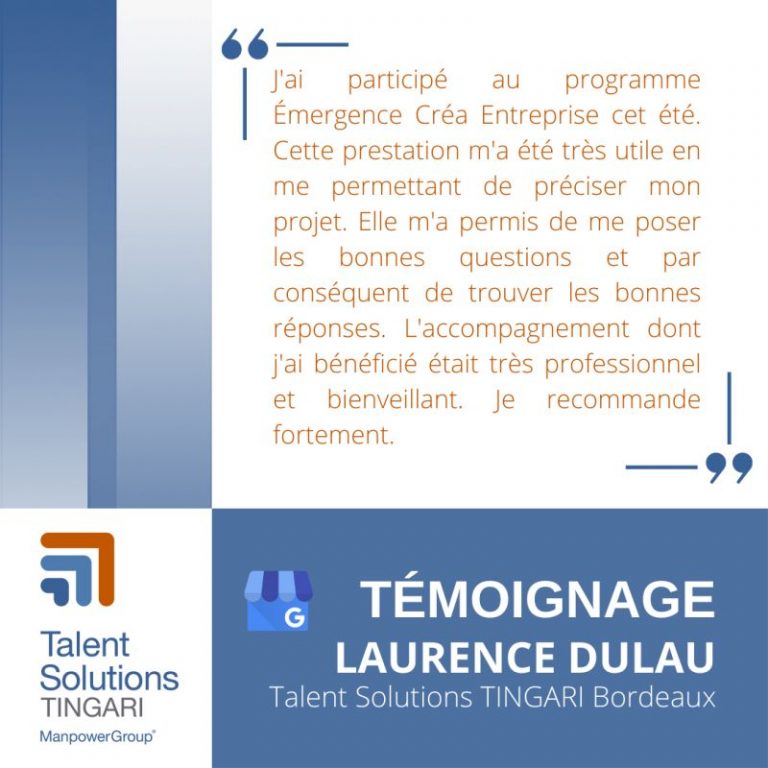 💬 [Témoignage] Laurence Dulau a été accompagnée par l’agence de Bordeaux dans le cadre de sa réflexion de création d’entreprise.